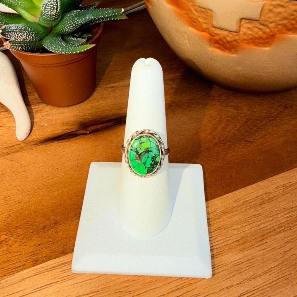 Green Turquoise Ring - Size 7.5 - .925 Sterling Silver